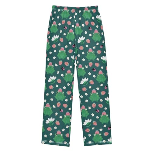 Frog Strawberry Floral Boys Long Pants Soft Trousers Elastic Waist Kids Lounge Bottoms with Pockets S-XL