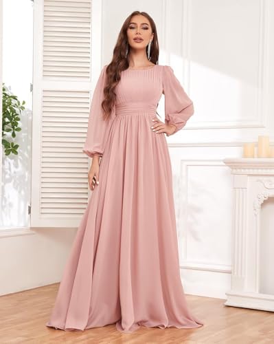 Long Sleeve Chiffon Bridesmaid Dresses for Women Long Ruched Empire Waist Wedding Formal Evening Gown4