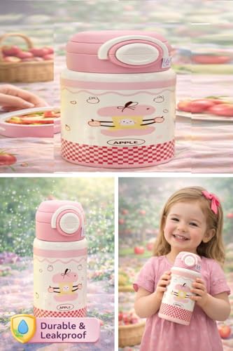 Image of Kids Stainless Steel Insulated Water Bottle with Double Lid & Dual Straw - 500ml Vacuum Flask, Portable Leak Resistant School Travel Drink Bottle for Children Pink