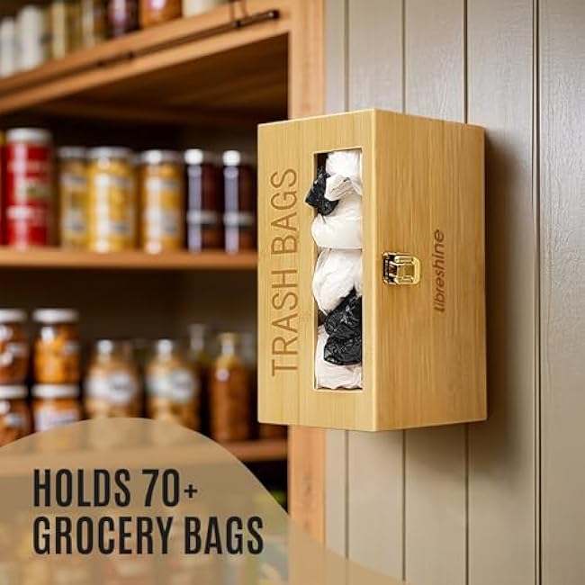 Extra Large Bamboo Trash Bag Dispenser Holder for Tall Kitchen Bags, Fits Costco Jumbo Rolls, 13¨C33 Gallon Garbage Bag Organizer for Pantry, Under Sink/Wall/Cabinet/Freestanding Mount