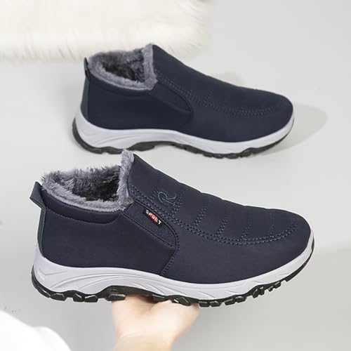 Men's Wide Warm Fur Lined Slip On Snow Boots Winter Hand Stitching Low Top Anti-Slip Loafers Shoes Comfortable Lightweight Casual Walking Shoes4