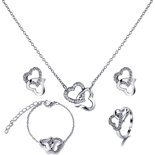 BSLVWG Schmuck-Set für Frauen Halskette Armband und Ohrringe Set Kreis Anhänger Cubic Zirkonia Runde Doppel Herz Interlocking Anhänger Schmuck Geschenke für Sie/Frau/Freundin (03)
