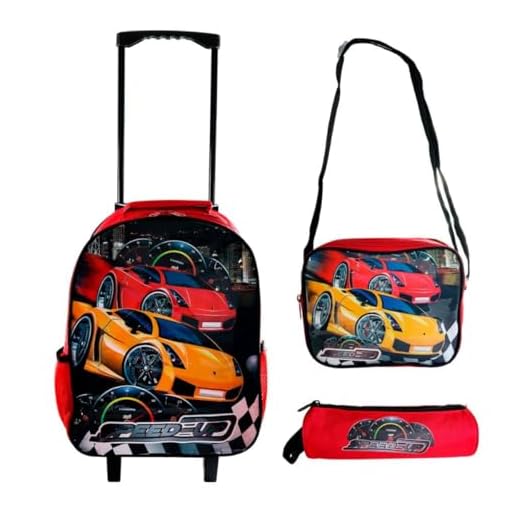 Kit Mochila Infantil Escolar Conjunto mochila de Rodinhas Silenciosas + Lancheira Térmica Alças Ajustáveis Impermeável + Estojo para Menino Carrinho carro Carros Reforçada, Vermelho 3 peças