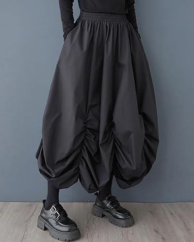 ellazhu Women's Pants Solid Elastic Waist Two Side Pockets Wide Leg Drop Crotch Casual GZ442 A4