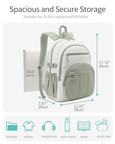 Image of Backpack for Women, Quilted Laptop Bookbag with Pouch Pockets for College Work Travel Gym Teacher Nurses, Puffer High School Backpack for Girls, Beige Green