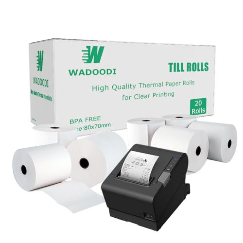 80 x 70mm x 12.7mm Thermal Paper Till Receipt Rolls for EPOS Printer, POS Terminal, Cash Register (20)
