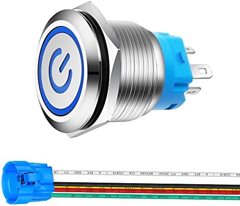 Gebildet 22mm Stainless Steel Push Button Lock Switch, LED Power Symbol 12V-24V 5A Waterproof Lever Switch with Socket Plug (Blue LED)