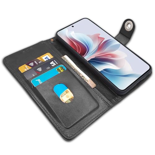 Image of Pikkme Oppo F25 Pro 5G Flip Cover Leather Finish | Inside TPU with Card Pockets | Wallet Stand and Shock Proof | Complete Protection Button Flip Case (Black)
