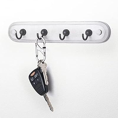 Spectrum Farmhouse Key Holder Wall Mount Rack for Entryway Garage Mudroom Hanging Organization, Easy Install Rustic Key Ring Holder Rack for Keychains Rings & Fobs, White Washed with Black Hooks