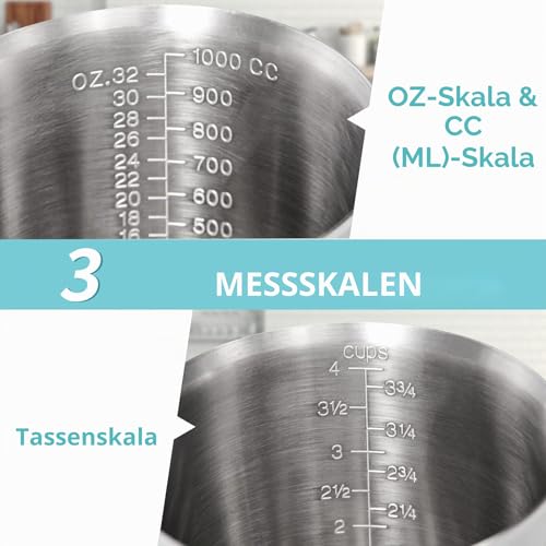 Foto von Newness Messbecher Edelstahl, 1000 ML [3 Messskalen, einschließlich Cups, ML, OZ Skala] Milchkännchen mit Markierung mit Griff, Messkanne Milk Pitcher, Edelstahl Messbecher 1l