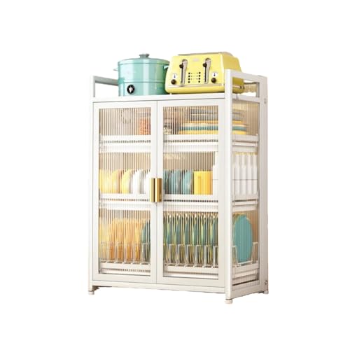 HJJ キッチン用品収納 キッチンラック デスクトップ食器収納 金属素材 ダブルオープニングデザイン フェンスで完全密閉 水トレイ 調節可能なフットパッド 大容量 耐久性 傷防止 錆びにくい お手入れ簡単 食器、カップ、箸、調味料の収納に最適 (ホワイト,