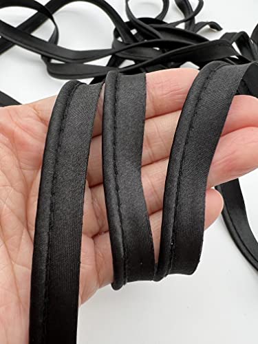 Pepperlonely 5 Yards 12Mm (1/2 Inch) Polyester Satin Bias Piping Type, Bias Type With Cord, Piping Trim With Cord, Lip Cord Trim For Sewing Clothing Upholstery Trimming - Black #TOP23