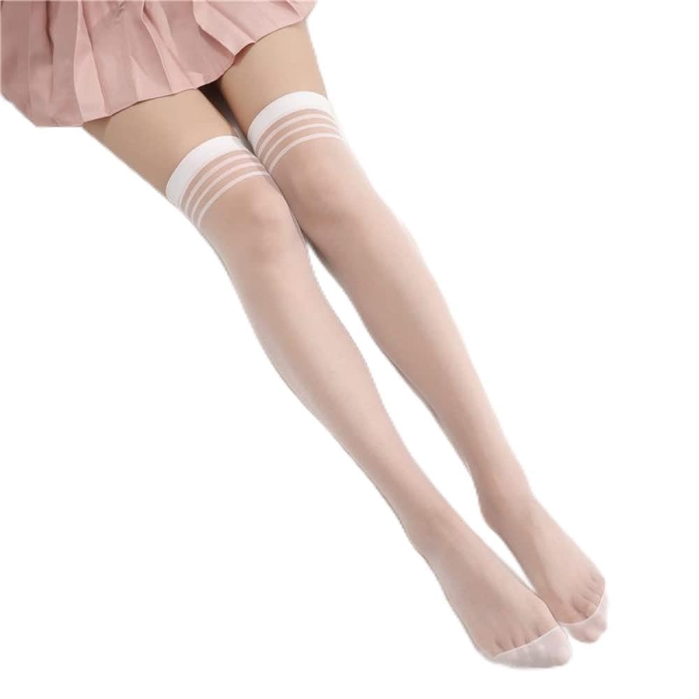 Bas résille pour Femmes - Bas en Soie Sexy pour étudiantes, Cuissardes Hautes au-Dessus du Genou, Bas d'été Ultra Fins et Transparents, 2 pièces (Blanc)