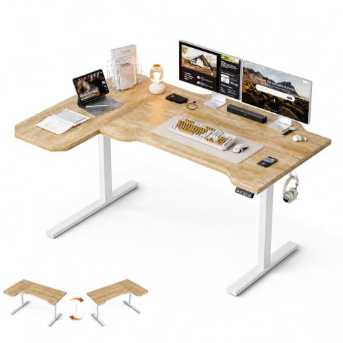 Grandder 47" L Shaped Standing Desk, Electric Height Adjustable Corner Stand Up Desk with Ergonomic Curved Round Corner for Small Apartment Home Office, Oak Desktop White Frame