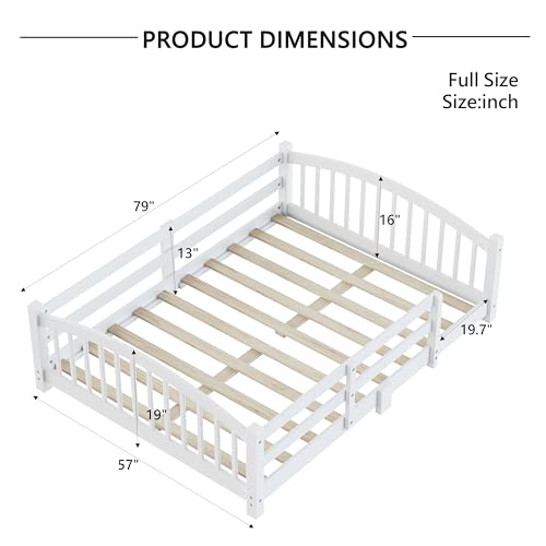 Image of Bellemave Full Size Kids Montessori Floor Bed,Full Size Floor Bed Frame with Slats and Safety Guardrail,Solid Wood Montessori Bed for Girls Boys,White