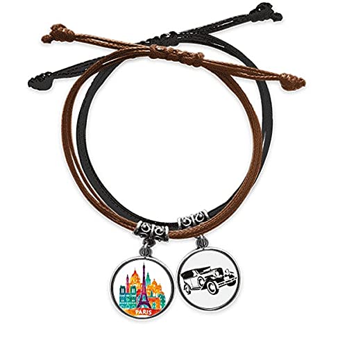 Bracelet Tour Eiffel Paris chaîne de main cuir véritable et corde minibus
