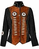 Fami Sports Chaqueta de piel de ante occidental tradicional vaquera para mujer | Chaqueta nativa americana con flecos, cuentas y huesos, Negro marrón., L