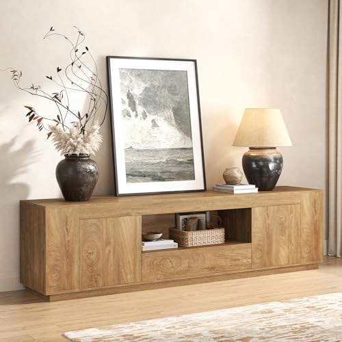 Epecoya TV Stands for Living Room 78.74-Inch, Wooden Entertainment Center with 2 Cabinets & Drawer, Farmhouse Extra Long TV Console with Storage for TVs Up to 80", Natural Oak Brown