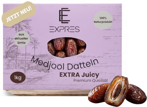 EXPRES- Large Medjool Datteln 1kg - Extra saftig & Groß (Premium Auswahl) - Frische Ernte 2025/26 aus Ägypten- Naturrein ohne Zuckerzusatz – vegan, ideal für Snacks & Rezepte – Perfekte Energiequelle