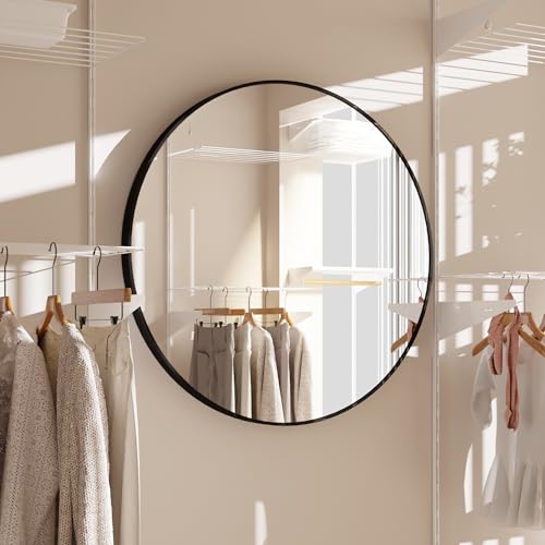 Image of LFT HUIMEI2Y Wall Circle Mirror - 28Inch Black Metal Frame Wall Mounted Circle Mirror for Bathroom, Living Room, Dining Room