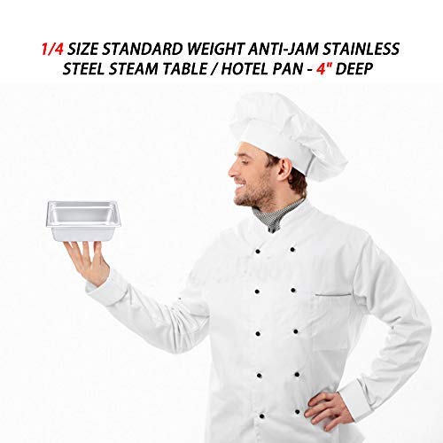 4" Deep Steam Table Pan 1/4 Size, 3 Quart Stainless Steel Anti-Jam Standard Weight Hotel GN Food Pans - NSF (10.43"L x 6.37"W)