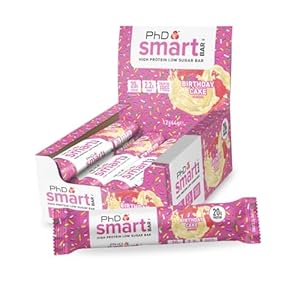 PhD Nutrition Smart Protein Bar Low Calorie, Nutritional Protein Bars/Protein Snacks, High Protein Low Sugar, Birthday Cake Flavour, 20g of Protein, 64g Bar (12 Pack)
