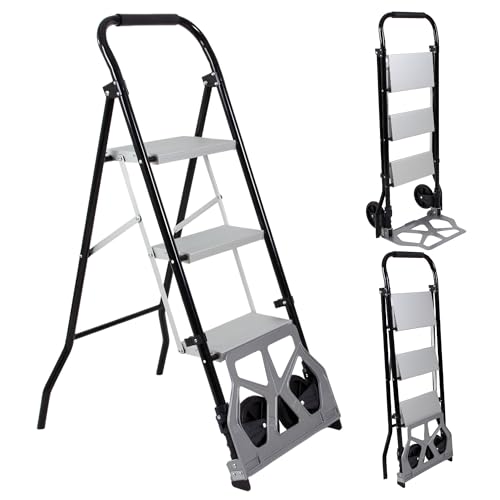 DAWNYIELD 2-in-1 Hand Truck Step Ladder, Dolly Cart Step Stool, Multi-Functional Foldable Hand Trolley and Ladder for Warehouse Garage Office or Home Use (Black-Silver, 3 Step)