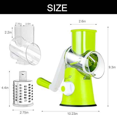 Cambom Rotary Cheese Grater Hand Crank Cheese Shredder for Fresh Cheese, Vegetable, Nuts,Non-slip Suction Base, Free Cleaning Brush Three Blades, Green - Thumbnail 5
