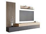 Mirjan24 Wohnwand Narezi, Elegantes Wohnzimmer-Set mit dekorativen Lamellen, Anbauwand mit Wandpaneele, TV-Lowboard, und Wandregal, Fernsehschrank (Graphit/Eiche Cremona, Breite: 300 cm)