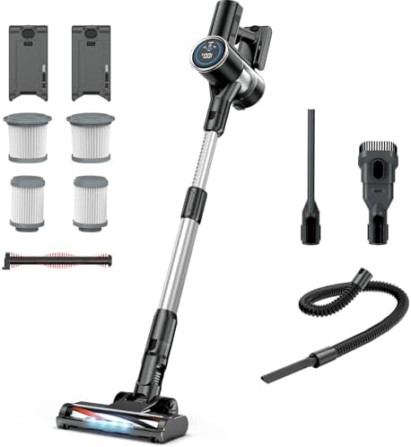 Cordless Vacuum Cleaner, 400W 40KPA 100Mins Runtime Powerful Stick Vacuum for Home with Self-Standing, Touch Screen, Rechargeable Handheld Vacuum for Home/Carpets/Hard Floors (Grey)
