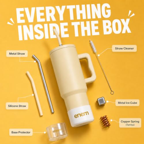 Image of enem Tumbler, Minimal Latte, Tumbler with Metal Straw, Sipper, with Lid Leak Proof, 1 Metal Ice Cube, 1 Copper Spring (Tamba), Base Protector, Mug Travel, 1.2L