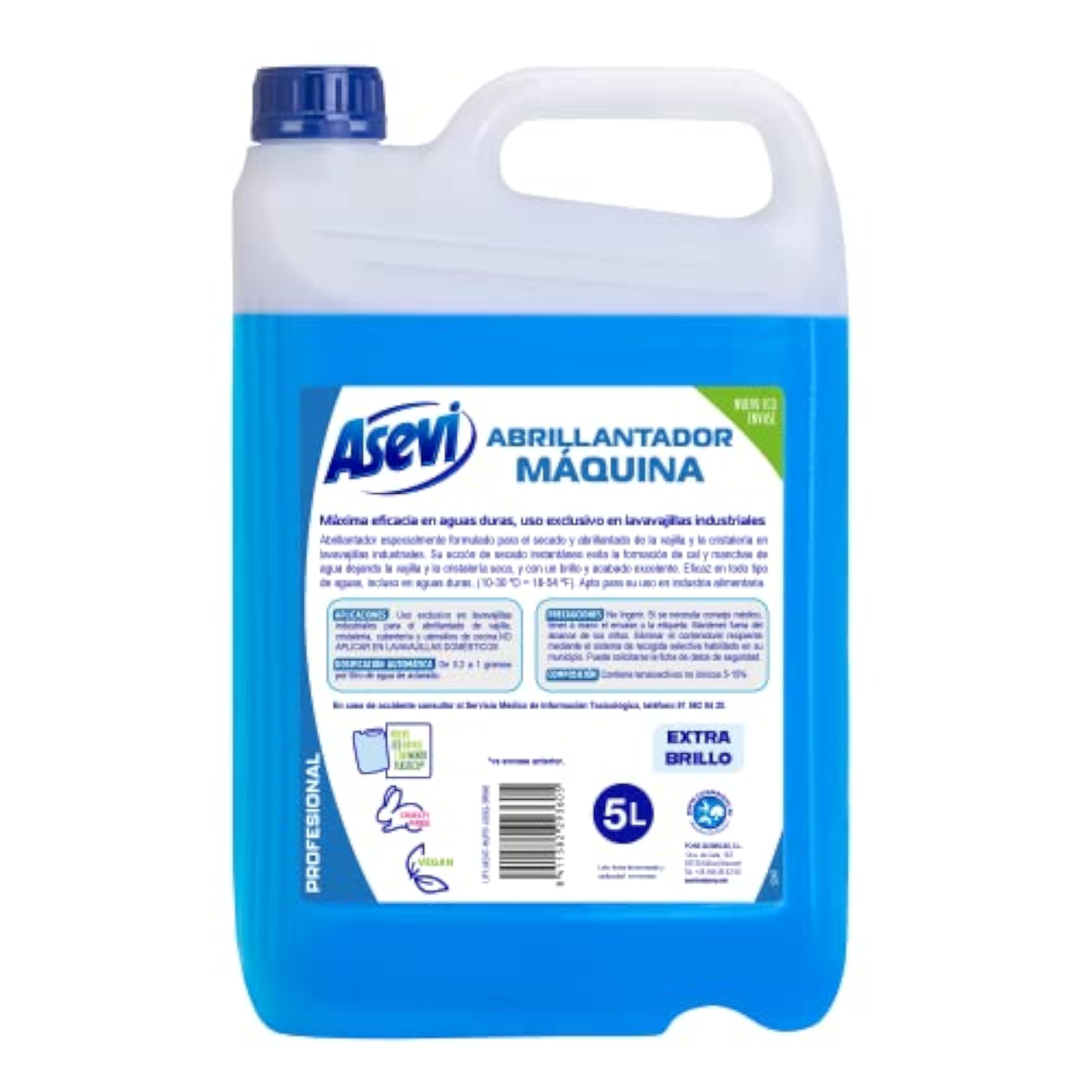 Asevi Abrillantador para Lavavajillas Industriales - Abrillantador Profesional para Máquinas - Extra Brillo y Secado Instantáneo Sin Manchas - Uso en Vajilla y Cristalería de Hostelería - 5 Litros
