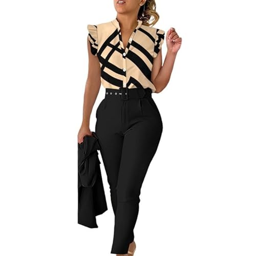 Ladies Trouser Suits 3 Pieces Outfits V Neck Sleeveless Gradient Button Tops Wide Leg Pant and Belt Suit Set Formal Blazer Suit Set for Work Office Wedding Party Business Special (21-Black, S)