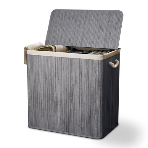 Juskys Bambus Wäschekorb Curly Grau 150L - Hygienischer Wäschekorb mit Deckel, Tragegriff & Wäschesack - 3 Fächer - Natürliche Bambus Optik Juskys Bambus Wäschekorb Curly Grau 150L - Hygienischer Wäschekorb mit Deckel, Tragegriff & Wäschesack - 3 Fächer - Natürliche Bambus Optik