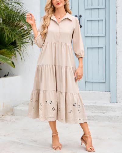 Image of Women Button Down Maxi Shirt Dress Long Sleeve Flowy Tiered Collared Dresses with Pockets
