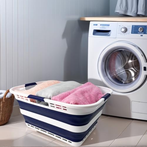 Image of SAMMART Set of 2 Collapsible Plastic Storage Basket - Foldable Pop Up Storage Container - Portable Laundry Organizer - Space Saving Hamper (White /Starry Blue, 42L (Style A))
