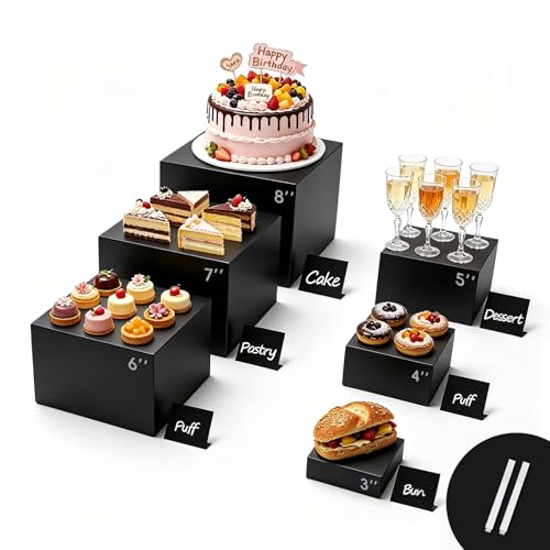 6PCS Buffet Risers,Food Display Stands with Mini Sign and Marker,for Buffet Table,Black Acrylic Riser Cube Boxes Nesting Risers,Hollow Bottoms,for Party, Catering, Jewelry(8",7",6",5",4",3") by NECGNIQ - Used condition - CA$31.39