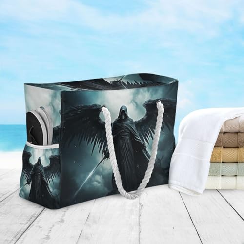 Grim Reaper Angel Death Beach Bag for Women Large Beach Tote Bag with Zipper for Travel Vacation4