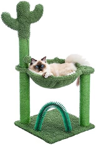 MUTTROS Cactus Cat Tree for Medium Cats with Arch Cat Self Groomer and Hammock, Cat Scratching Post for Indoor Kitten with Dangling Ball and Full Wrapped Natural Sisal Rope,Green