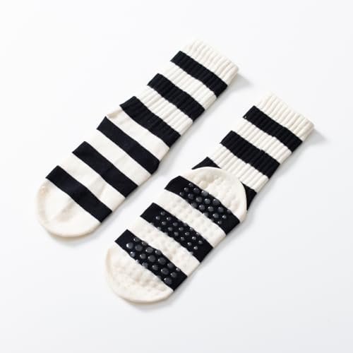 Verdancy Yoga Pilates Socks with Grips for Women Non Slip Striped Cushioned Crew Socks for Barre Ballet Dance (White/Black) - Thumbnail 7