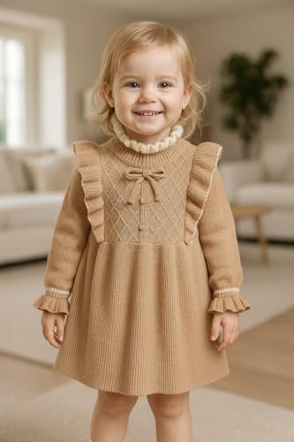 Image of Bold N Elegant Girls Winter Woolen Sweater Dress with Ruffles & Bow | Full Sleeve Woolen Warm Dress for Infant Toddler Baby Girls