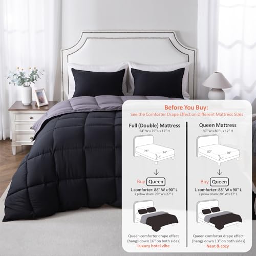 Image of KASENTEX Queen Comforter Set, Reversible,Goose Down Alternative,All Season | 250 GSM Fill, Ultra-Soft, Lightweight, Machine Washable, 1 Comforter + 2 Pillow Shams, Jet Black /Tornado
