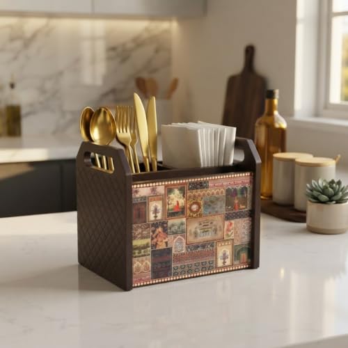 Image of Home Sparkle Tissue Paper Box Holder for Car, Home Decor, Gifting & Office Desk - Rectangular MDF with Elegant Vinyl Print Design - Brown Finish