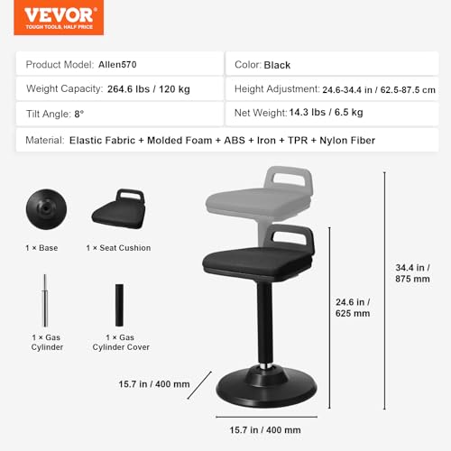 Image of VEVOR Active Chair with Handle, Height-Adjustable (24.6-34.4 inch) Wobble Chair Made of Elastic Fabric & 45 mm Foam, Ideal for Schools, Office and Home, 8 Tilt Angle, Age 12-18, Black
