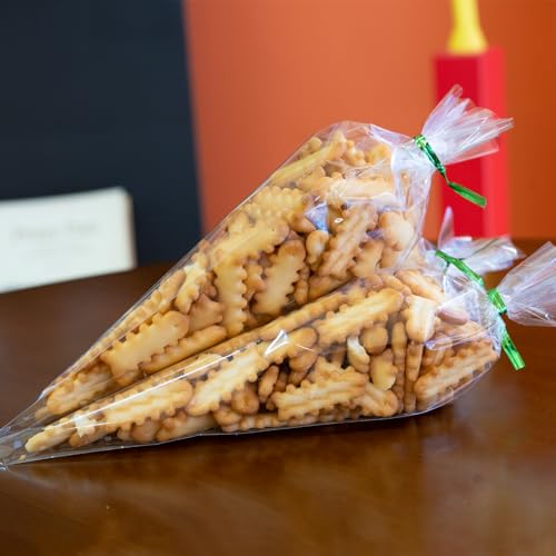 Ctoiotc 100 Clear Cone Bags, 5"x9.8", Plastic Goodie Bags with 4" Colored Twist Ties - Perfect for Popcorn, Candy, Cookies & Party Favors by Ctoiotc - Image 2
