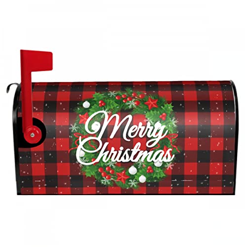 Merry Christmas Mailbox Covers Magnetic Standard Size 18 X 21 Winter Xmas Wreath Red Buffalo Plaid Mailbox Cover Holiday Decorations Mailbox Wrap Post Letter Box Cover Decor for Home Outdoor Garden - Thumbnail 2