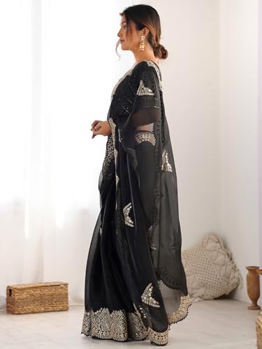 Image of Satrani Women's Tissue Silk Sequin Embroidery Scalloped Border Saree with Unstitched Blouse Piece