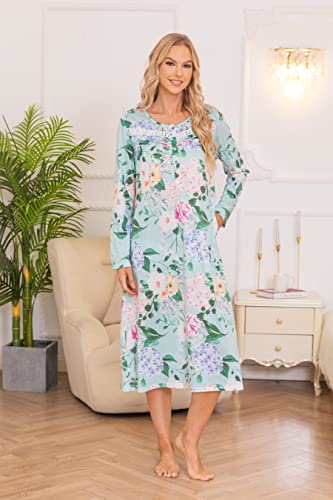 Yozly Nightgowns For Women Cotton Long Sleeve Night Gwon Ladies House Dress Floral Green, Large #TOP1