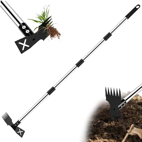 NUTKIT Desherbeur Manuel Long Manche, 150CM Outil De Désherbage Manuel, Râteau Manuel 2 en 1 et houe de Jardin, Outil de Désherbage Manuel en Acier au Manganèse, pour Cour, Pelouse et Jardin