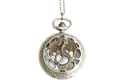 Ancient Bronze Dragon Pocket Watch Pendant Necklace with Charm Chain Jewelry